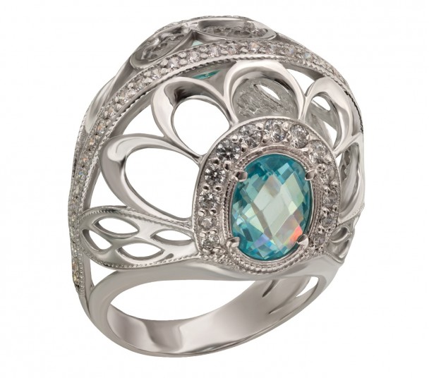 Серебряное кольцо с фианитами и эмалью. Артикул 380159А - Фото  1