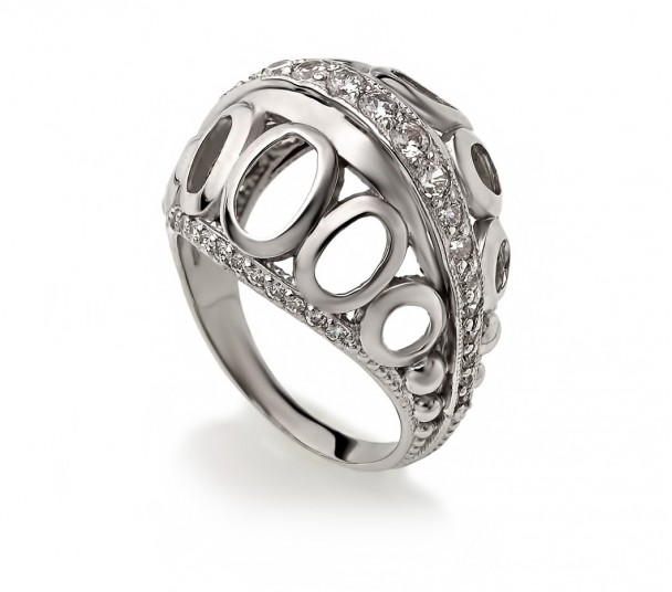 Серебряное кольцо с фианитами и имитацией жемчуга. Артикул 330828С - Фото  1