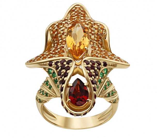 Золотое кольцо с цитрином, гранатом и нанокристаллами. Артикул 370775М  размер 18 - Фото 1
