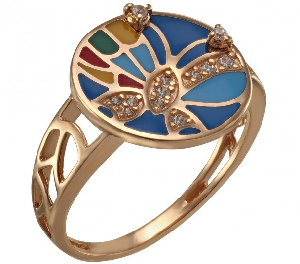 Золотое кольцо с фианитами и эмалью. Артикул 330143Е  размер 17.5 - Фото 1