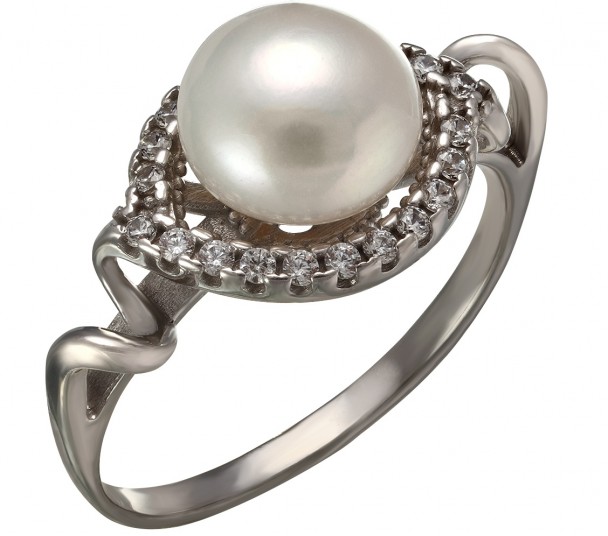 Серебряное кольцо с жемчугом и фианитами. Артикул 380365С  размер 16 - Фото 1