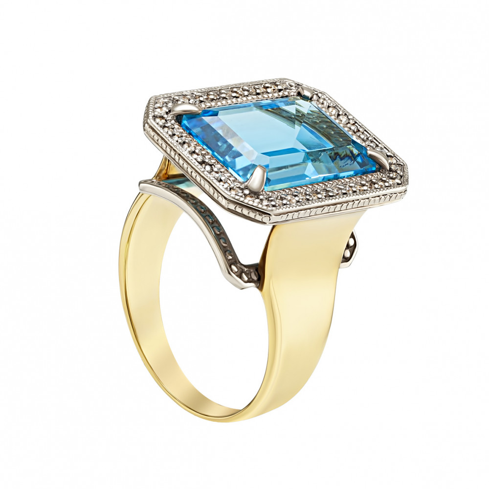 Золотое кольцо с бриллиантами и голубым топазом. Артикул 753338  размер 17 - Фото 2