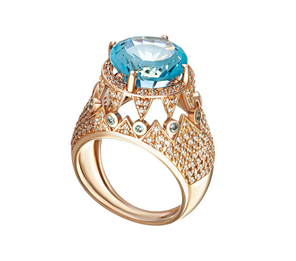 Золотое кольцо с вставками голубого топаза и фианитов. Артикул 371791 - Фото  1