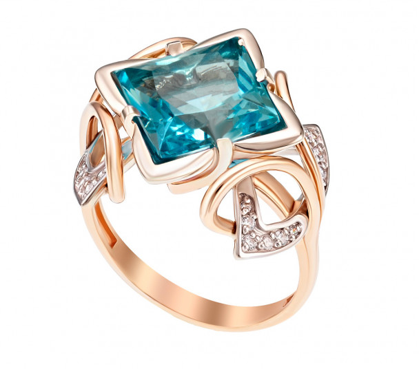 Золотое кольцо с голубым топазом и фианитами. Артикул 371635  размер 17 - Фото 1
