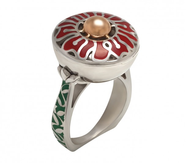 Серебряное кольцо с золотой вставкой и эмалью. Артикул 310268Н  размер 18 - Фото 1