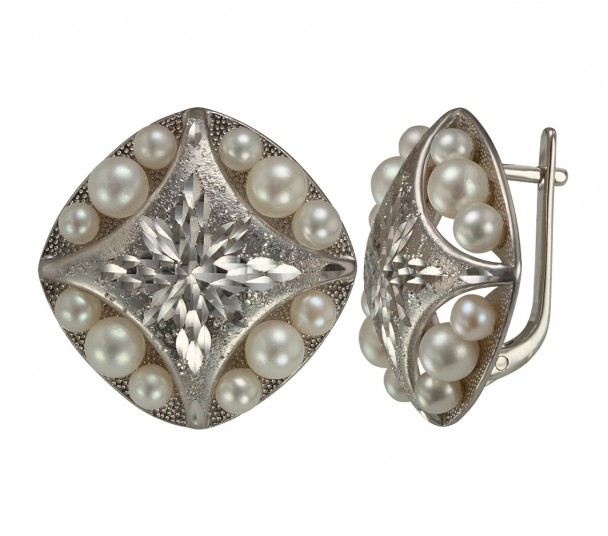 Серебряные серьги с жемчугом и фианитами. Артикул 430574С - Фото  1