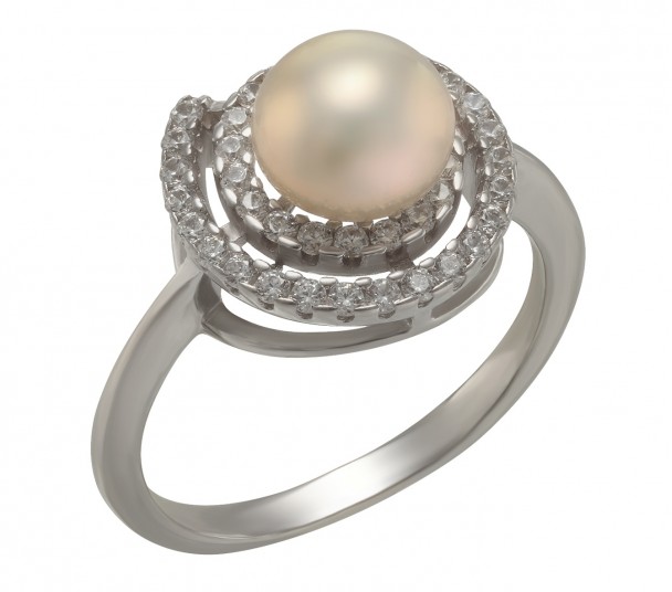 Серебряное кольцо с жемчугом и фианитами. Артикул 380228С  размер 18 - Фото 1