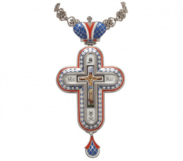 Наперсный крест (с цепью) с фианитами и эмалью. Артикул 270100А - Фото  1