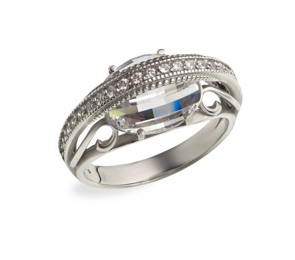 Серебряное кольцо с фианитами и эмалью. Артикул 330682А - Фото  1