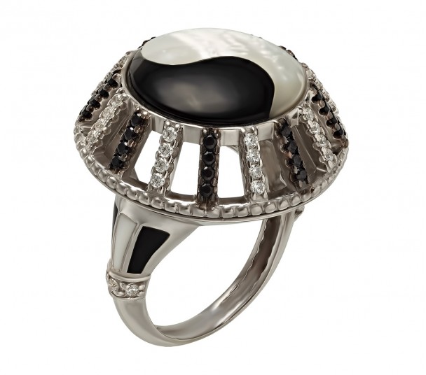 Серебряное кольцо с агатом и фианитами. Артикул 379729А  размер 17 - Фото 1