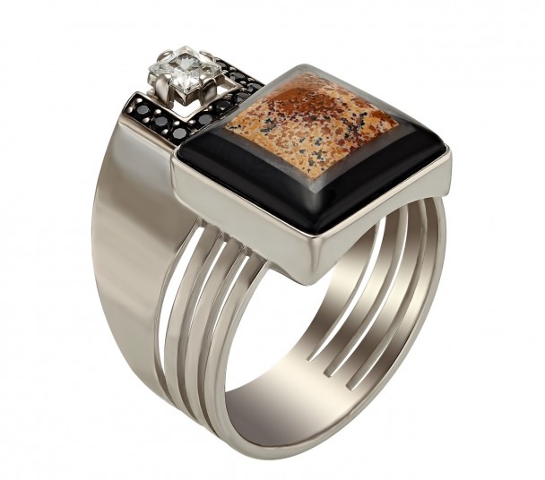 Серебряное кольцо с агатом и фианитами. Артикул 379731С  размер 19 - Фото 1