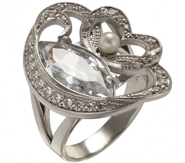 Серебряное кольцо с жемчугом и фианитами. Артикул 320851С - Фото  1