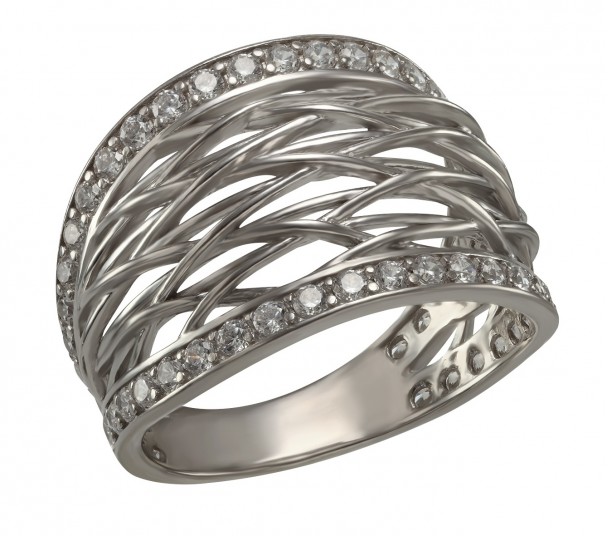 Серебряное кольцо с жемчугом и фианитами. Артикул 380352С - Фото  1