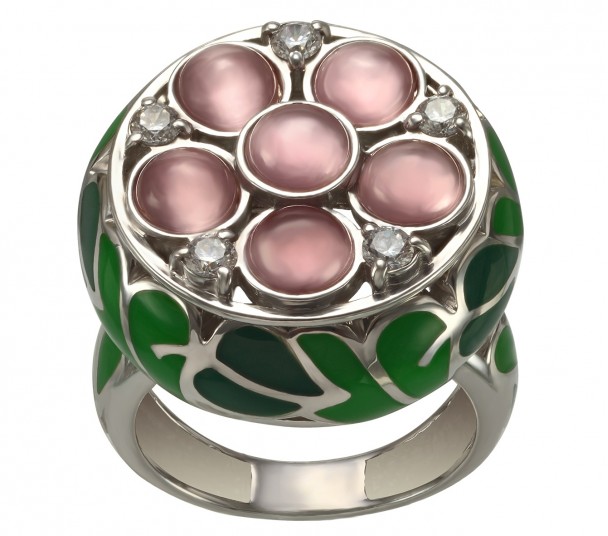 Серебряное кольцо с фианитами, улекситами и эмалью. Артикул 330662А  размер 17.5 - Фото 1