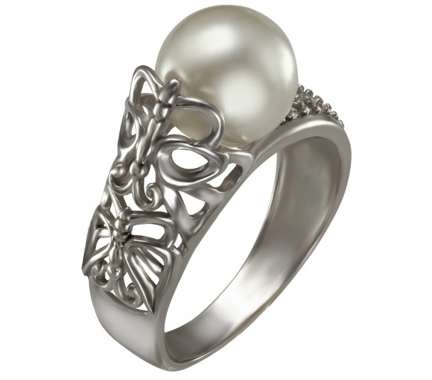 Серебряное кольцо с жемчугом и фианитами. Артикул 380189С  размер 16 - Фото 1