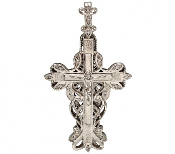Серебряный крестик Дева Мария с фианитами и эмалью. Артикул 270017А - Фото  1