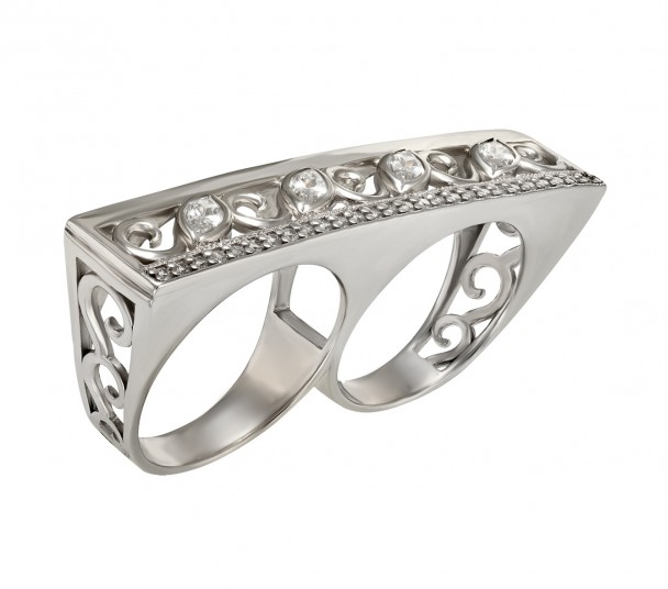 Серебряное кольцо с фианитами и эмалью. Артикул 380361А - Фото  1