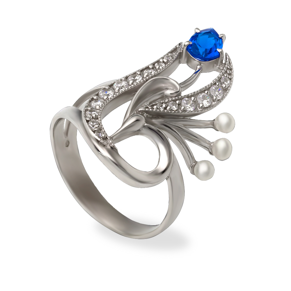 Серебряное кольцо с жемчугом и фианитами. Артикул 330815С  размер 19 - Фото 2