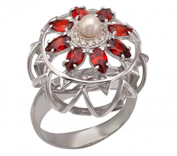 Серебряное кольцо с жемчугом и фианитами. Артикул 320851С  размер 18.5 - Фото 1