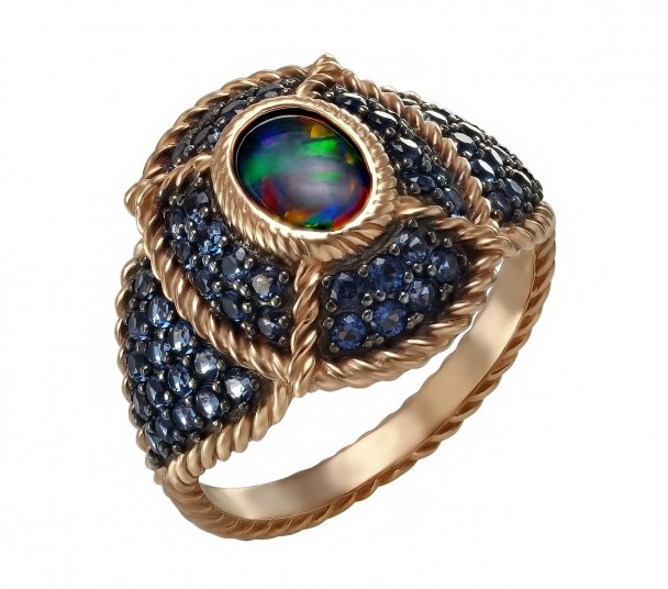 Золотое кольцо с голубым топазом и фианитами. Артикул 371636 - Фото  1