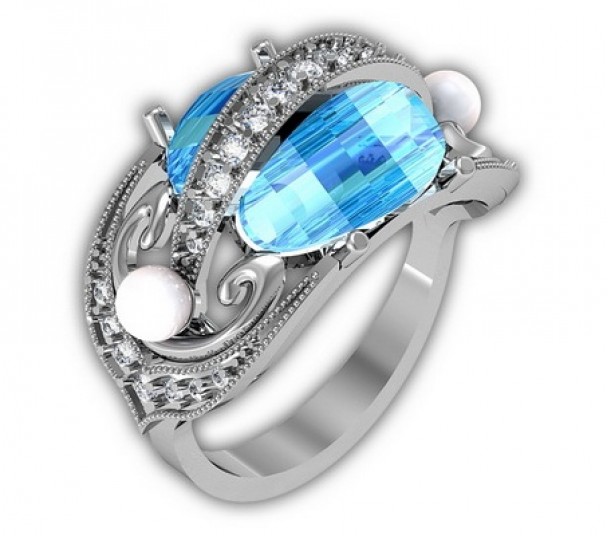 Серебряное кольцо с жемчугом и фианитами. Артикул 330827С  размер 17 - Фото 1
