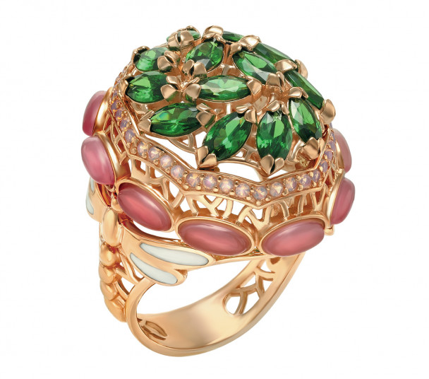 Золотой перстень с улекситами, фианитами и ювелирной эмалью. Артикул 330113Е  размер 18 - Фото 1