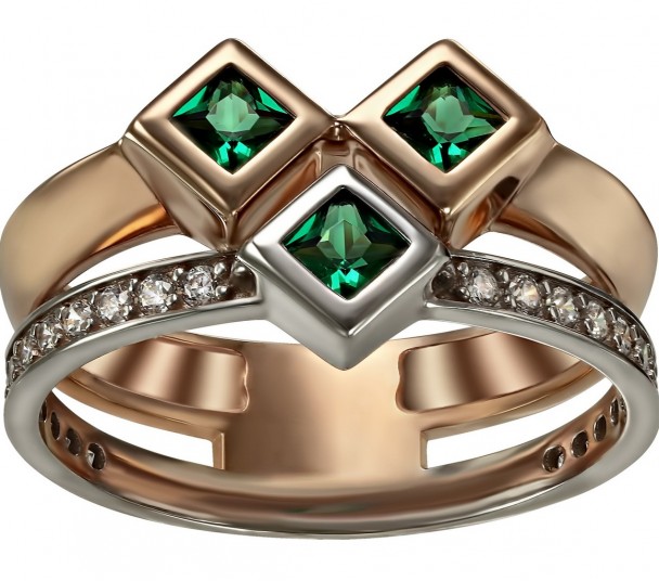 Золотое кольцо с изумрудами и фианитами. Артикул 377746  размер 19 - Фото 1