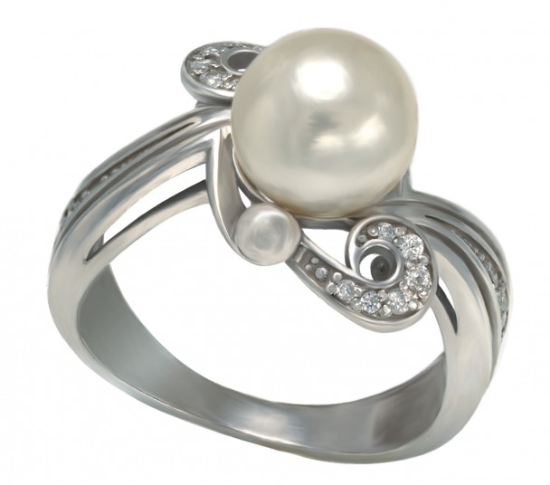 Серебряное кольцо с жемчугом и фианитами. Артикул 380054С  размер 19.5 - Фото 1