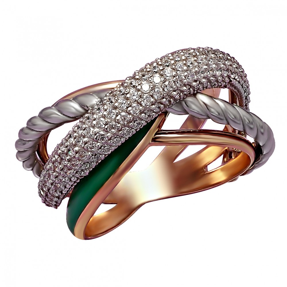 Золотое кольцо с фианитами и эмалью. Артикул 330139Е  размер 17.5 - Фото 2