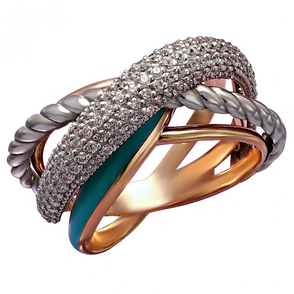 Золотое кольцо с фианитами и эмалью. Артикул 330139Е  размер 17.5 - Фото 3