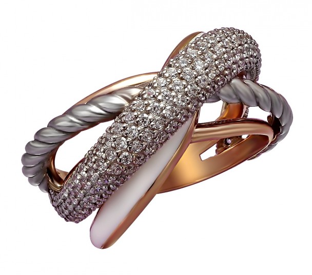 Золотое кольцо с фианитами и эмалью. Артикул 330139Е  размер 17.5 - Фото 1