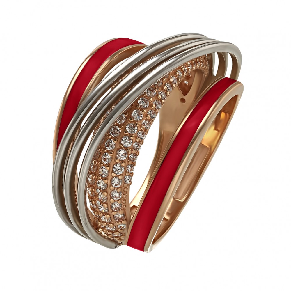 Золотое кольцо с фианитами и эмалью. Артикул 330157Е  размер 18 - Фото 4