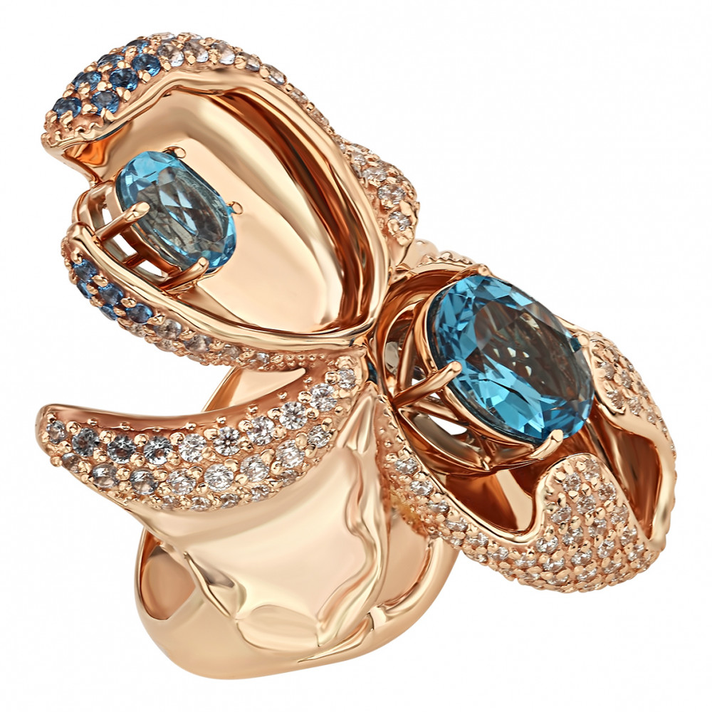 Золотое кольцо с голубым топазом и фианитами. Артикул 371778  размер 19.5 - Фото 3