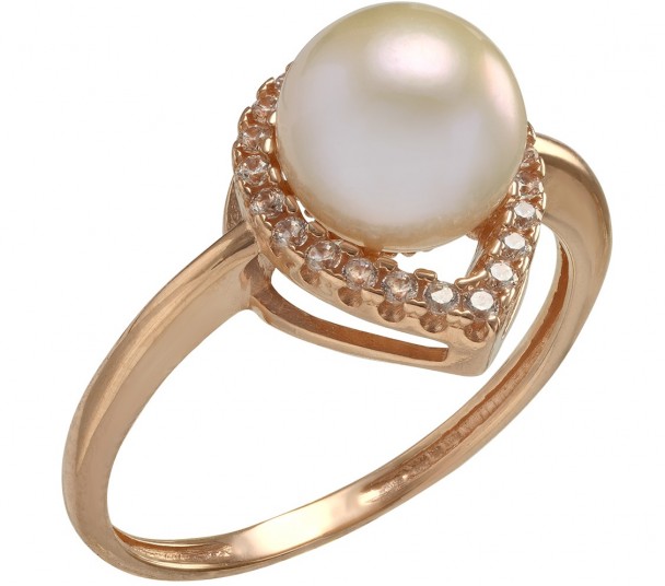 Золотое кольцо с жемчугом и фианитами. Артикул 380355  размер 19 - Фото 1