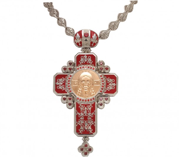 Наперсный крест (с цепью), с вставкой из золота, гранатом и эмалью. Артикул 294012А - Фото  1