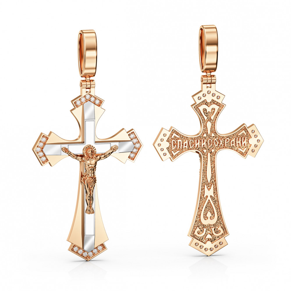 Золотой крестик с фианитами и эмалью. Артикул 270124Е  - Фото 2