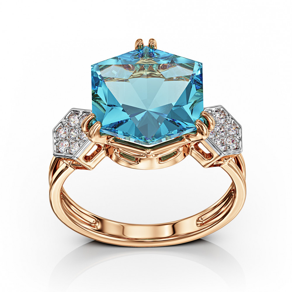 Gold ring with blue topaz and cubic zirconia. Article 361679  size 17 - Photo 2