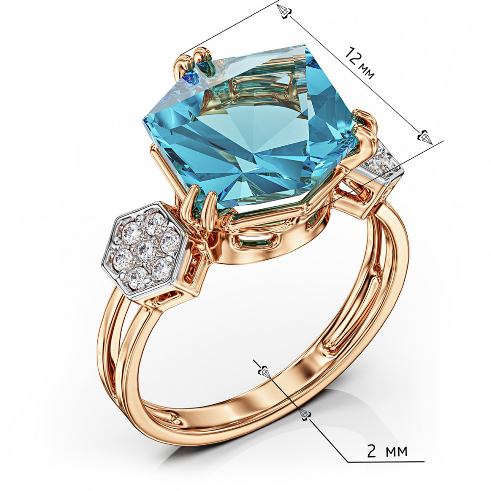 Gold ring with blue topaz and cubic zirconia. Article 361679  size 17 - Photo 3