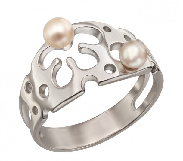 Серебряное кольцо с фианитами и имитацией жемчуга. Артикул 330828С - Фото  1