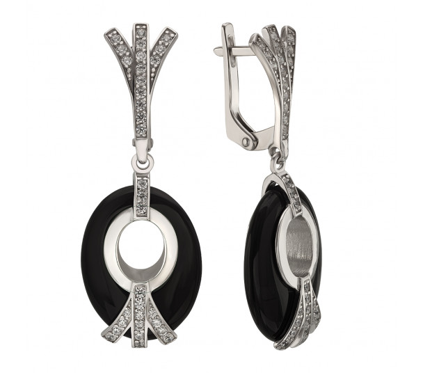 Серебряные серьги-подвески с жемчугом и фианитами. Артикул 430618С - Фото  1