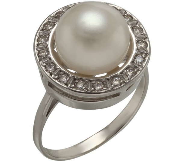 Серебряное кольцо с жемчугом и фианитами. Артикул 320789С - Фото  1
