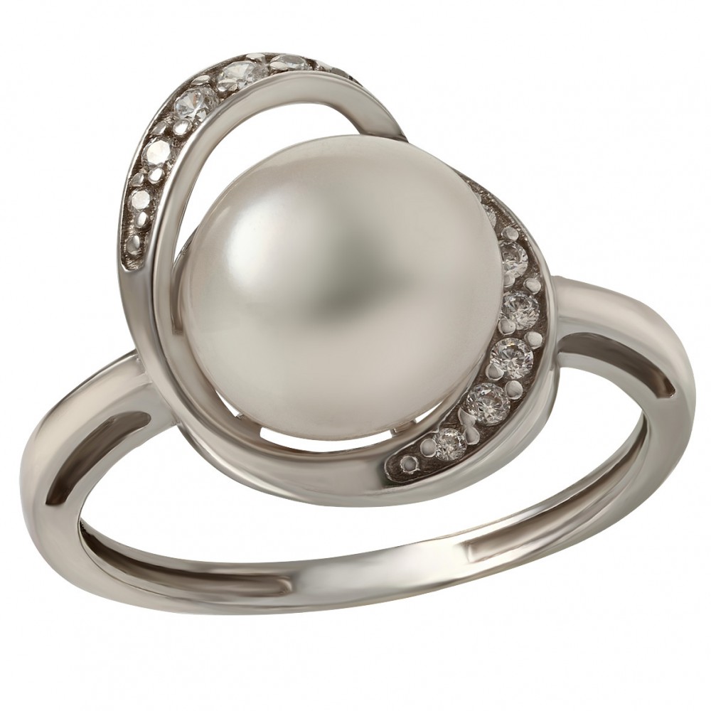 Серебряное кольцо с жемчугом и фианитами. Артикул 380352С  размер 16.5 - Фото 2