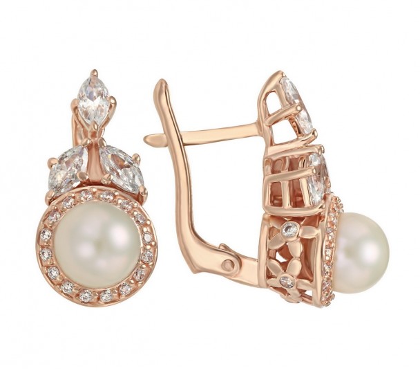 Золоті сережки з перлами та фіанітами. Артикул 430846  - Фото 1