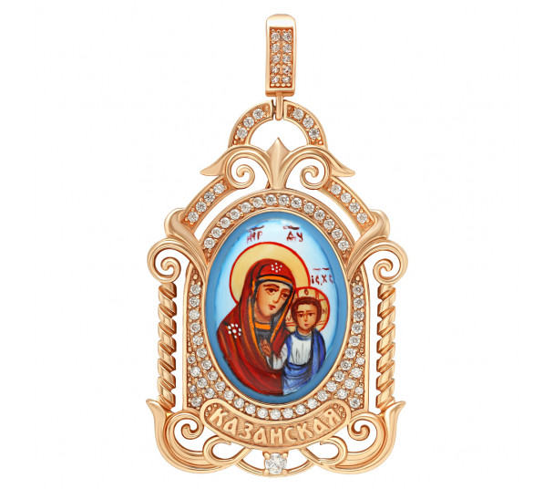 Золота ладанка "Казанська ікона Божої Матері" з фіанітами. Артикул 150378  - Фото 1