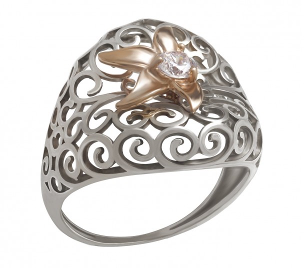 Серебряное кольцо с вставкой из золота и фианитом. Артикул 330598Н  размер 17 - Фото 1