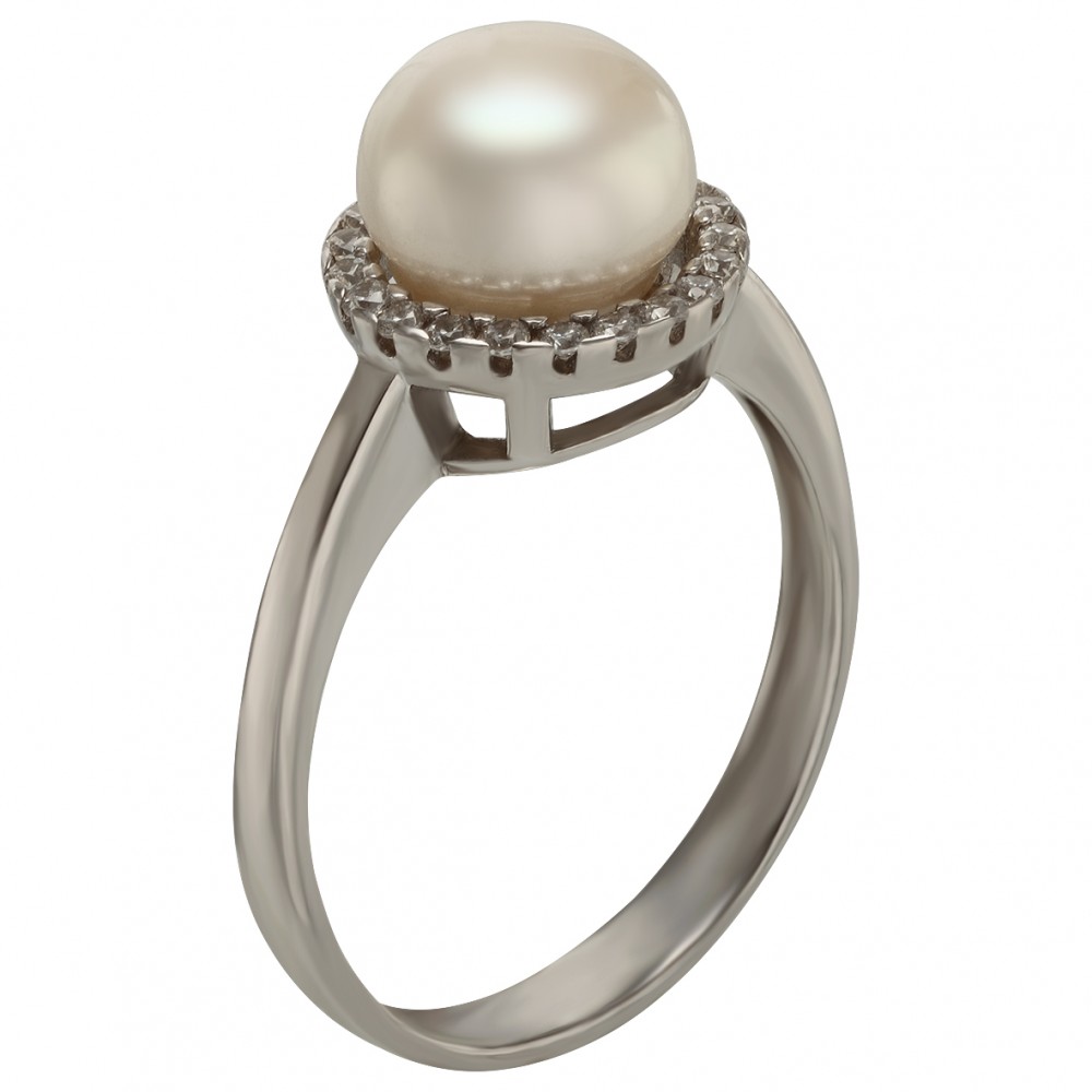 Серебряное кольцо с жемчугом и фианитами. Артикул 380226С  размер 17.5 - Фото 2