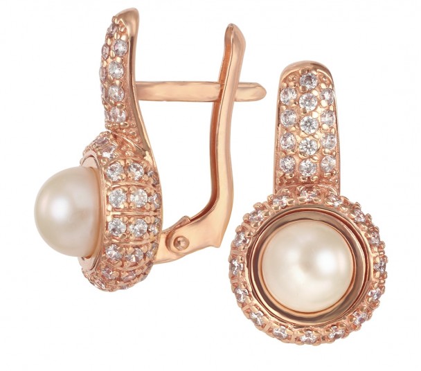 Золоті сережки з перлами та фіанітами. Артикул 430845  - Фото 1