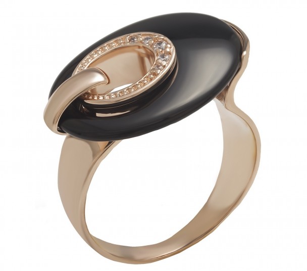 Золотое кольцо с фианитами и эмалью. Артикул 330108Е - Фото  1