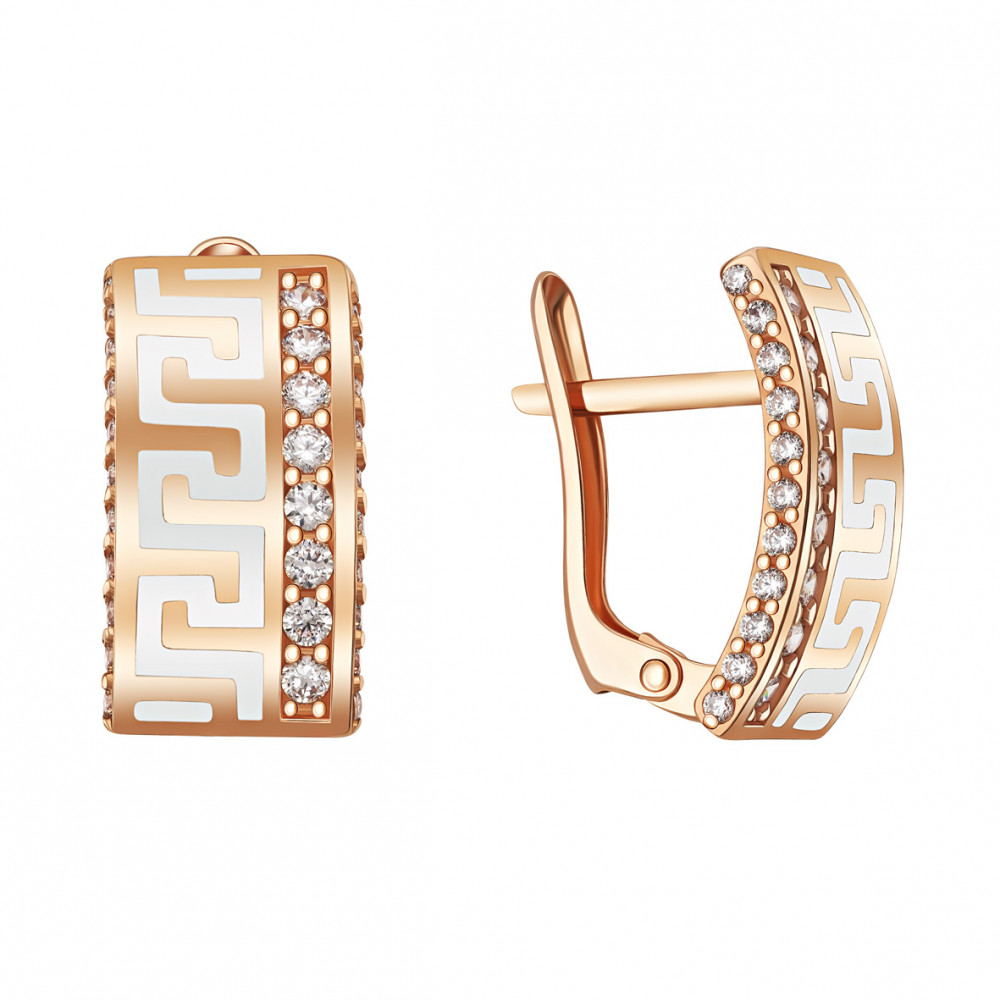Gold earrings with cubic zirkonia and enamel. Article 420035Е  - Photo 3