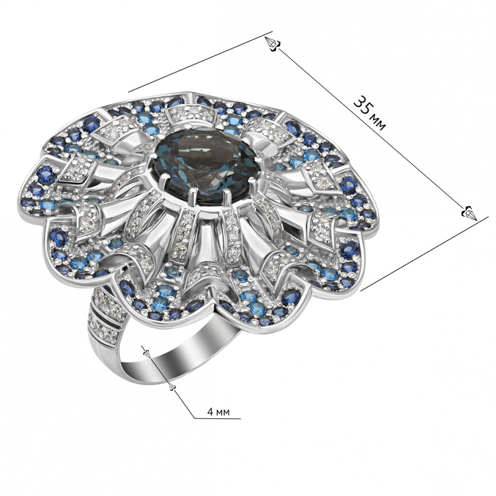 Каблучка в білому золоті з блакитними топазами і фіанітами. Артикул 371780В  розмір 18 - Фото 2